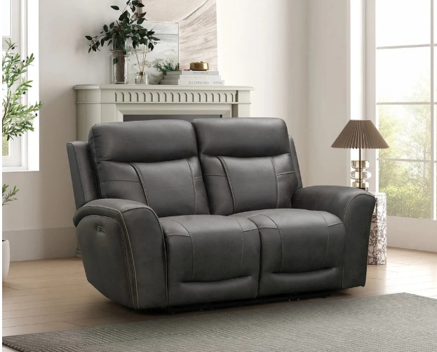 Dark grey leather recliner loveseat, featuring a modern design and power motion functionality.
